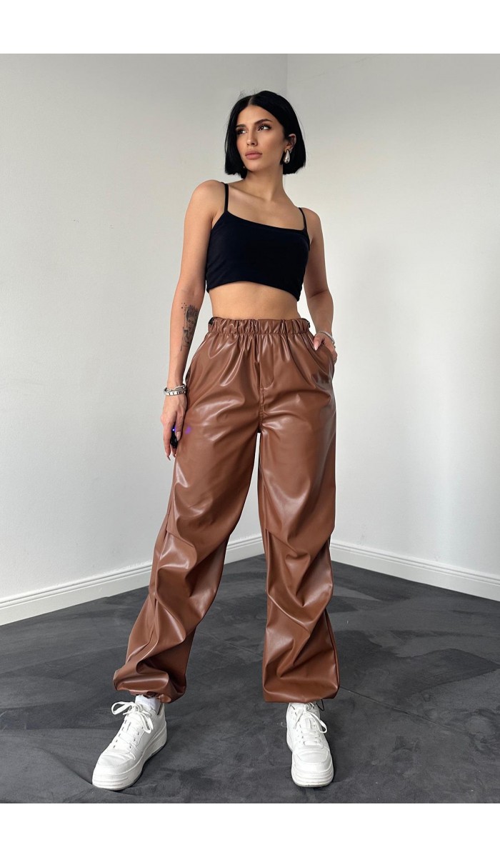 Lastikli Deri Pantolon - Kamel