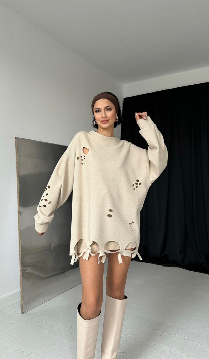 Lazer Kesim Bluz - Bej