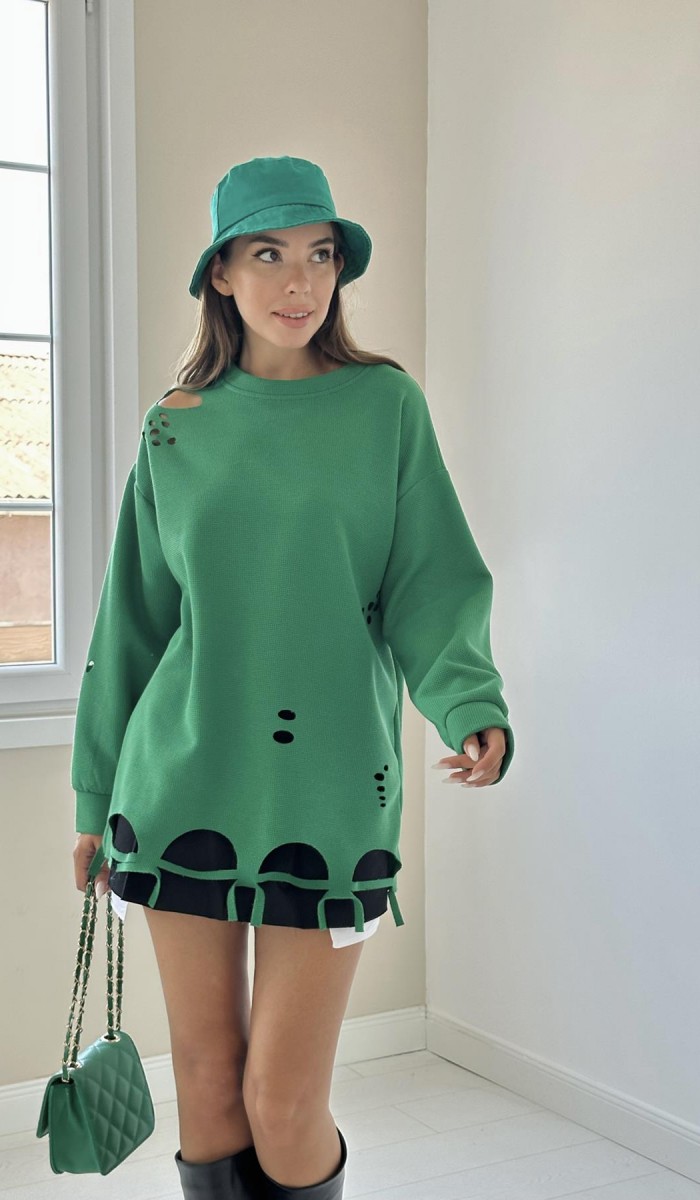 Lazer Kesim Bluz - Yeşil