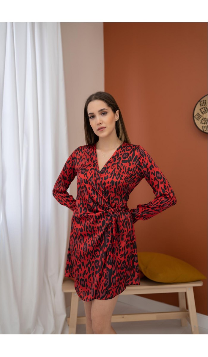 Leopar Desenli Saten Elbise - Kırmızı