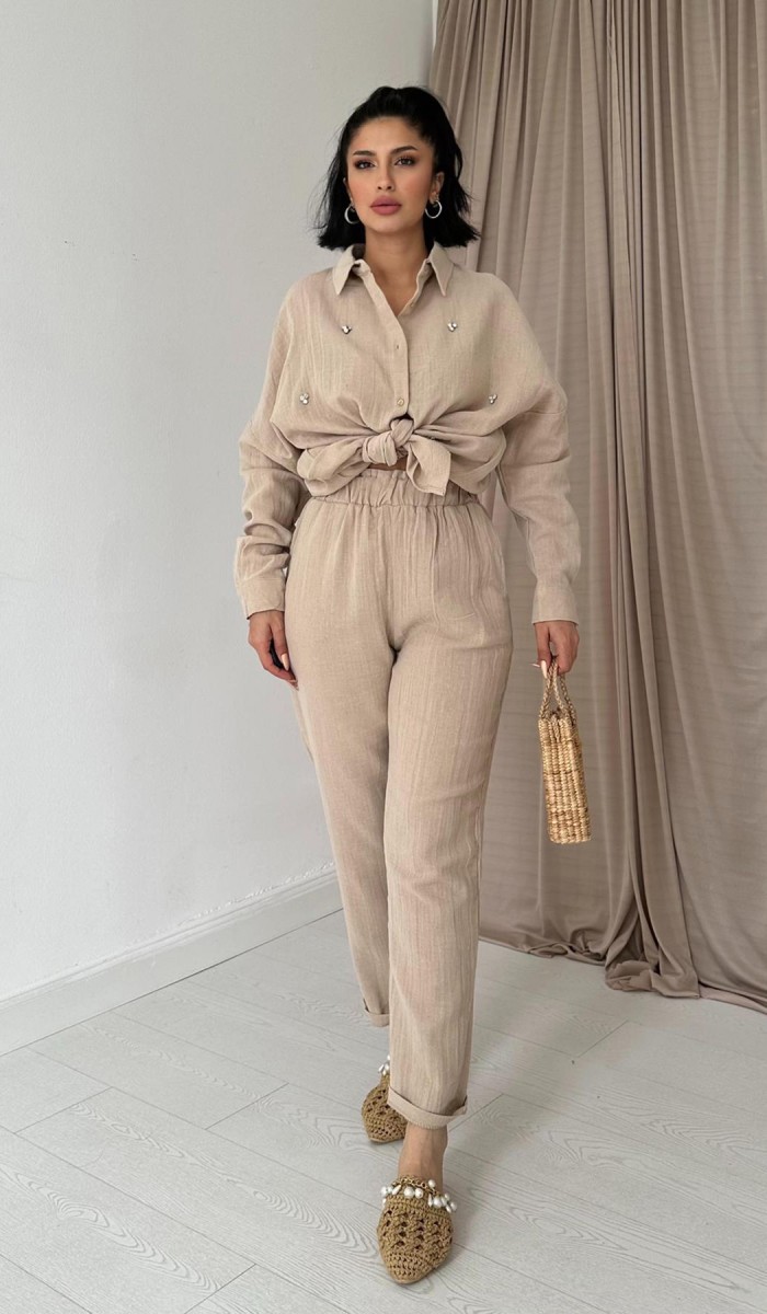 Müslin Gömlek Ve Pantolon Takım - Bej