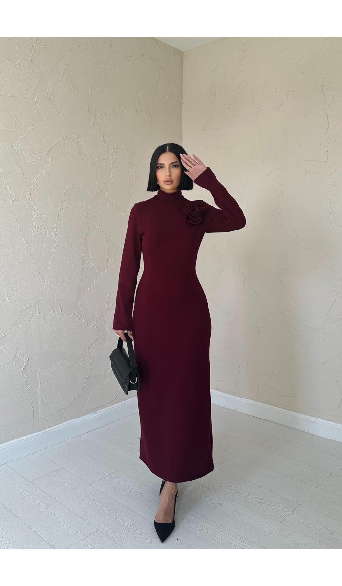 Omzu Güllü Düz Elbise - Bordo Omzu Güllü Düz Elbise - Bordo