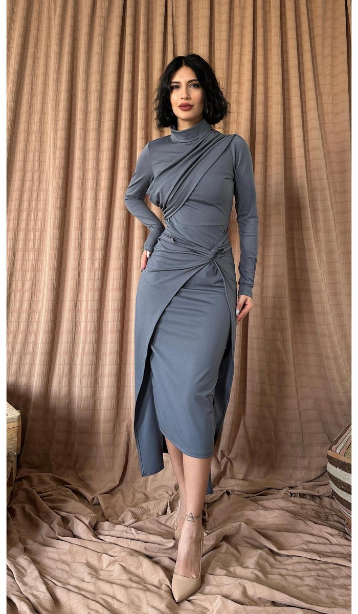 Ön Ek Parça Detaylı Elbise - Gri Ön Ek Parça Detaylı Elbise - Gri