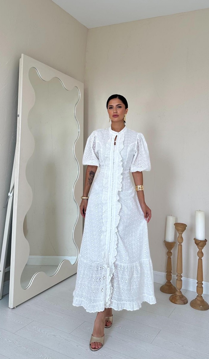 Ön Pat Fırfırlı Brode Elbise - Beyaz Ön Pat Fırfırlı Brode Elbise - Beyaz