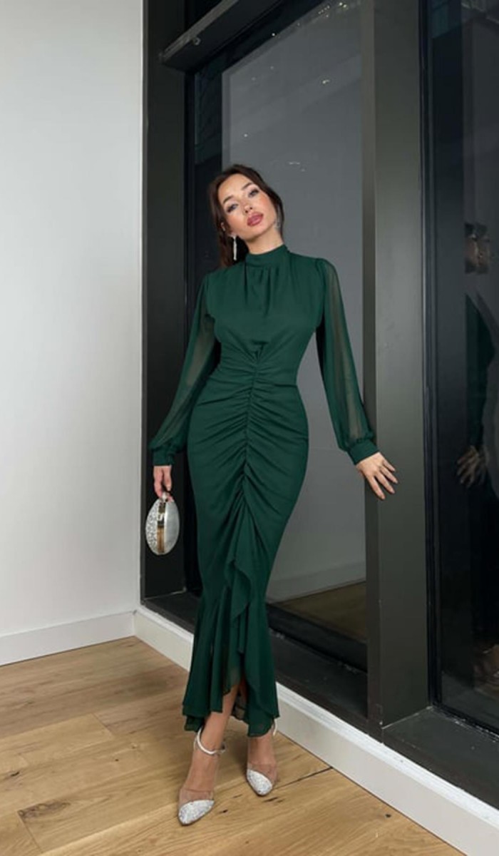 Önü Büzgülü Şifon Elbise - Zümrüt Önü Büzgülü Şifon Elbise - Zümrüt