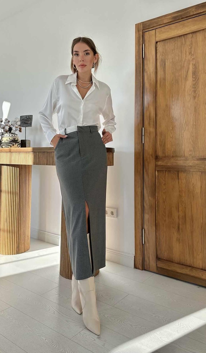 Patı Garnili Poliviskon Etek - Gri Patı Garnili Poliviskon Etek - Gri