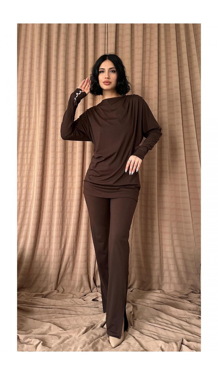 Pile Detaylı Bluz Ve Pantolon Takım - Kahverengi