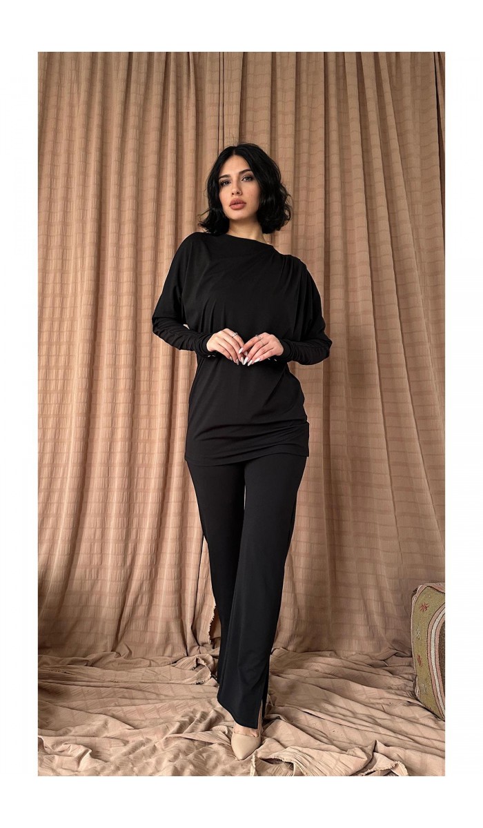 Pile Detaylı Bluz Ve Pantolon Takım - Siyah