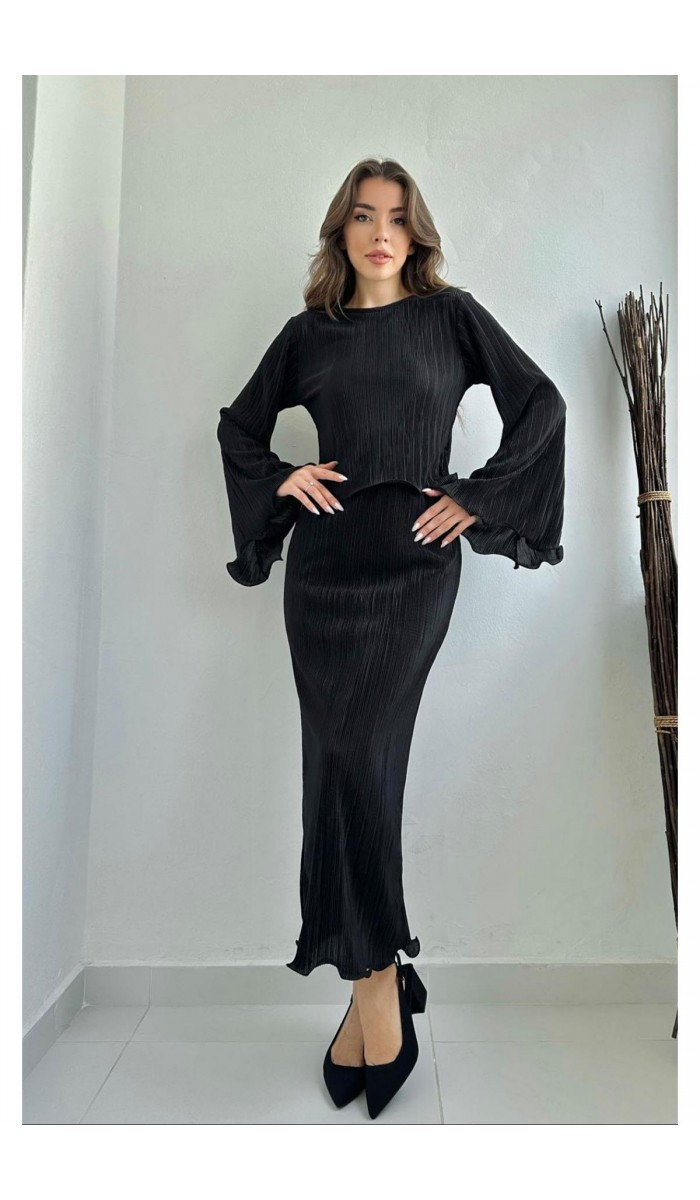 Piliseli Bluz Ve Etek Takım - Siyah