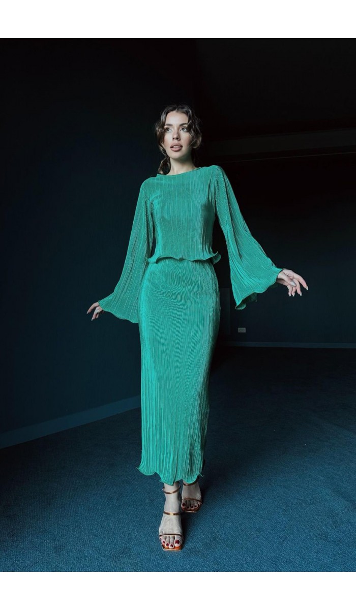 Piliseli Bluz Ve Etek Takım - Zümrüt