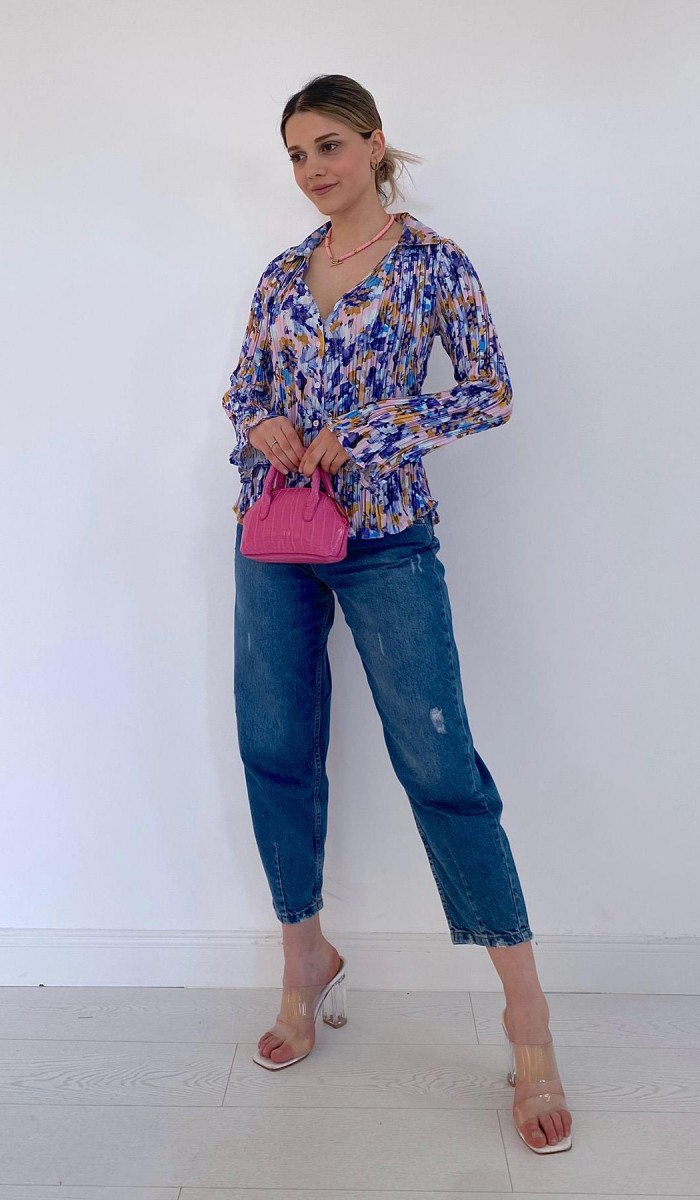 Piliseli Çiçek Desen Gömlek - Mor Piliseli Çiçek Desen Gömlek - Mor