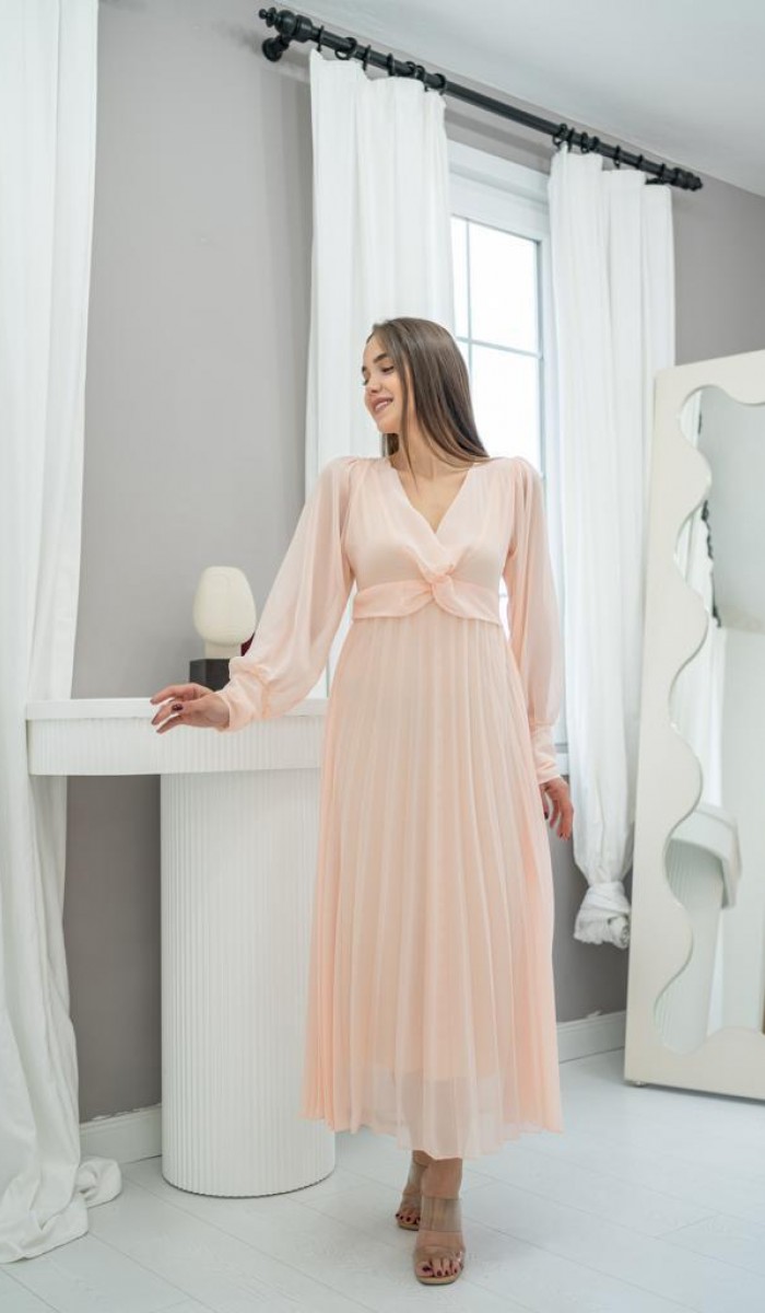 Piliseli Şifon Elbise - Somon Piliseli Şifon Elbise - Somon