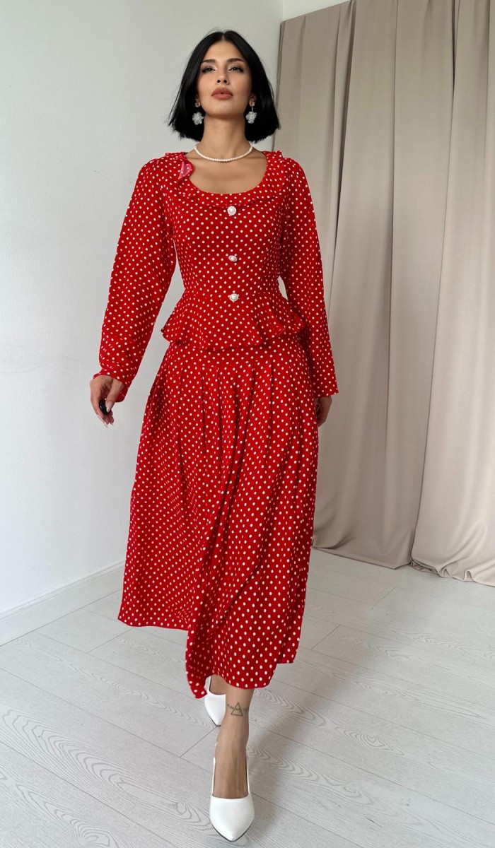 Puantiye Desenli Volanlı Elbise - Kırmızı