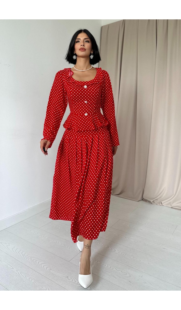 Puantiye Desenli Volanlı Elbise - Kırmızı