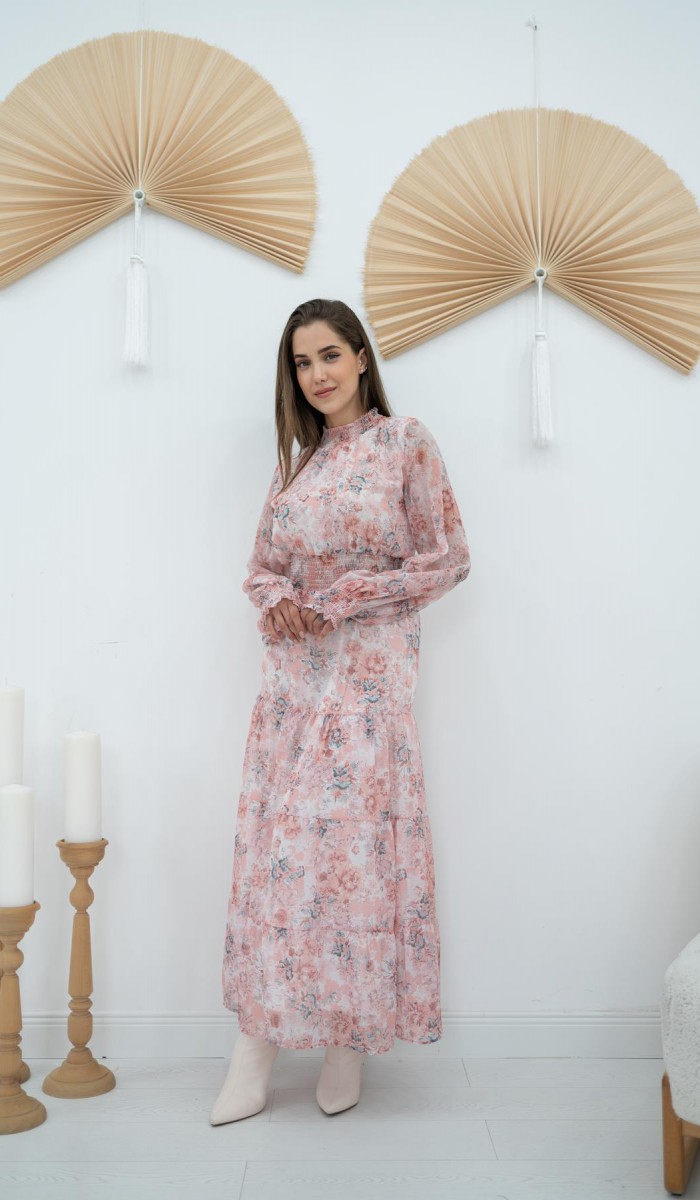 Şanzelize Çiçek Desenli Elbise - Pembe