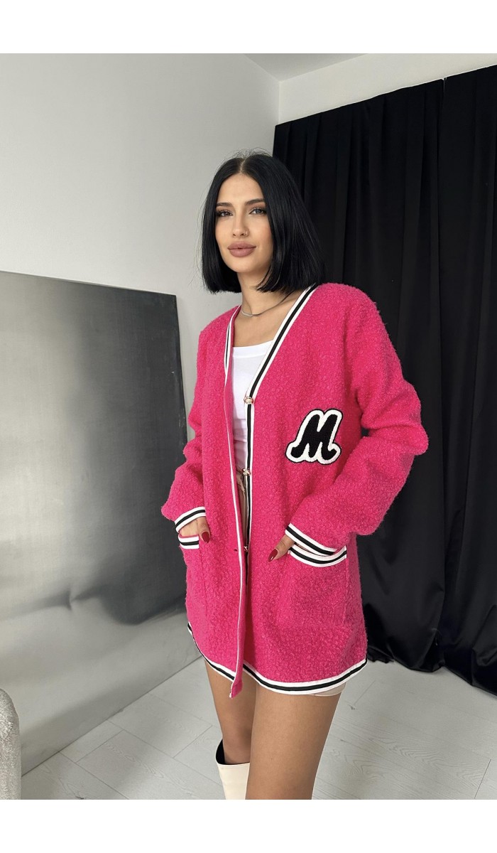 Şeritli Bukle Hırka - Fuşya