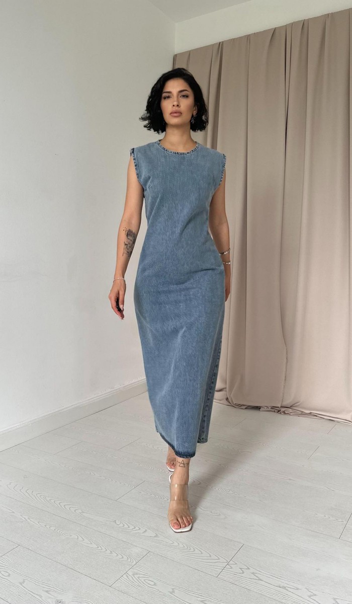 Sııfır Kol Pensli Denim Elbise - Kar Yıkama