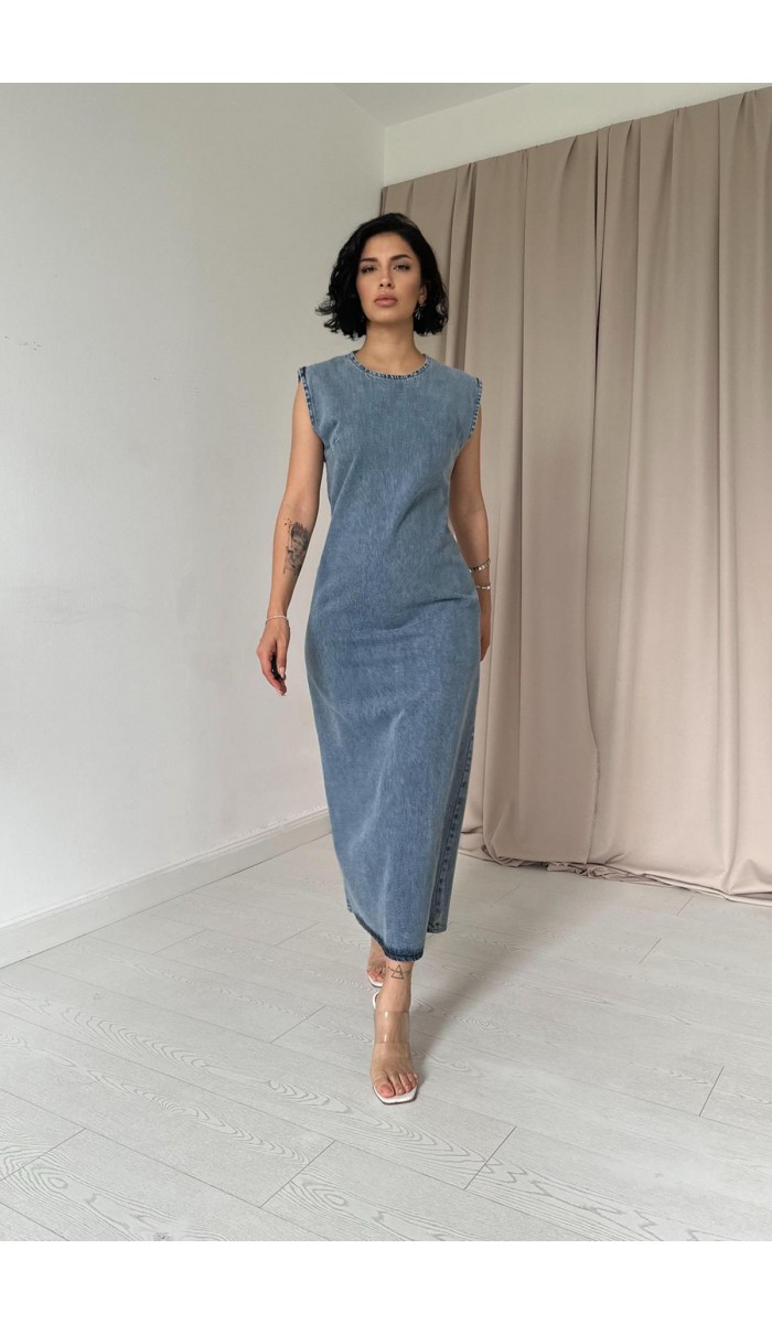 Sııfır Kol Pensli Denim Elbise - Kar Yıkama Sııfır Kol Pensli Denim Elbise - Kar Yıkama