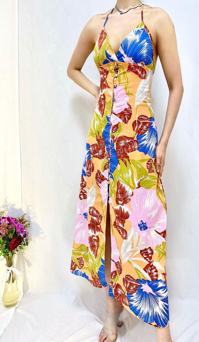 Sırt Dekolteli Keten Elbise - Mavi