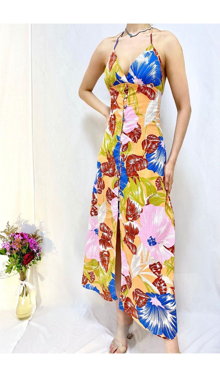 Sırt Dekolteli Keten Elbise - Mavi