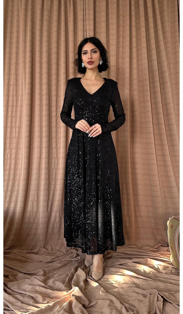 Sırt Dekolteli Pulpayet Elbise - Siyah