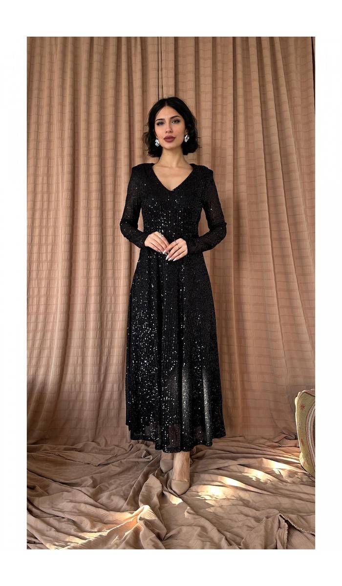 Sırt Dekolteli Pulpayet Elbise - Siyah