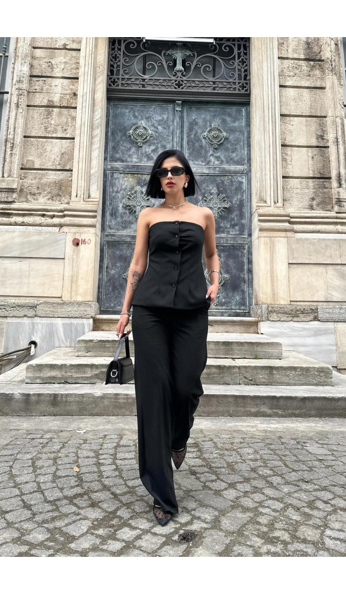 Straplez Düğmeli Crop Ve Pantolon Takım - Siyah