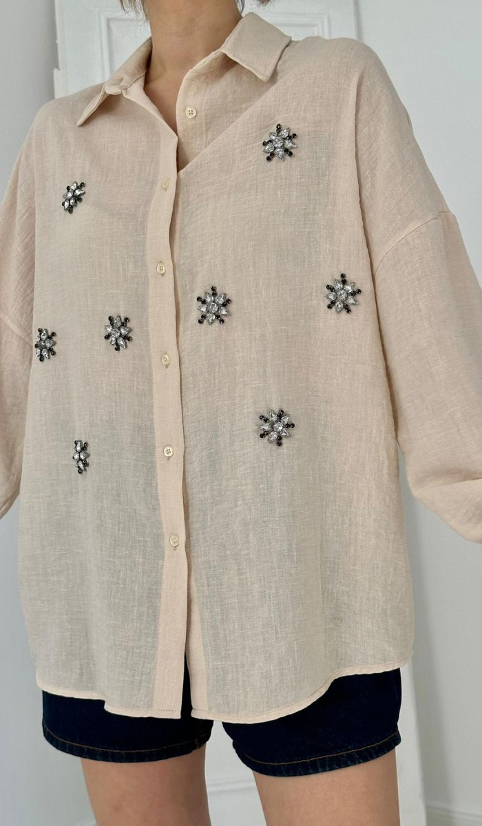 Taş İşlemeli Gömlek - Bej