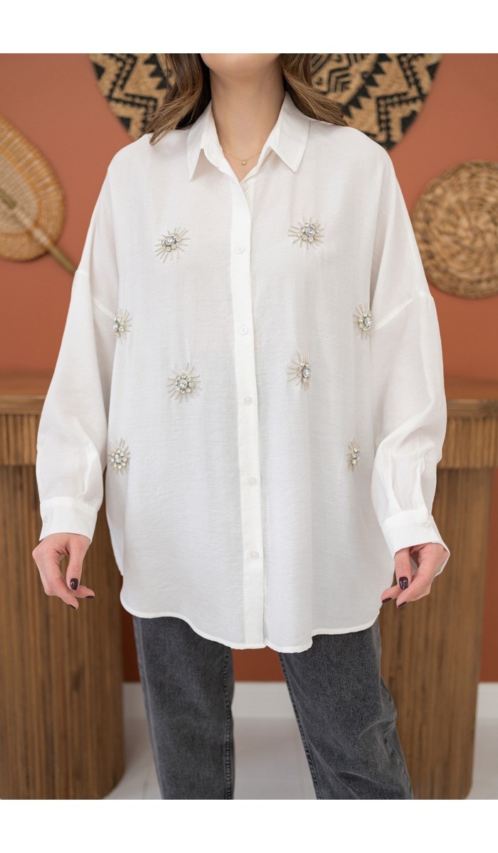 Taş İşlemeli Gömlek - Beyaz