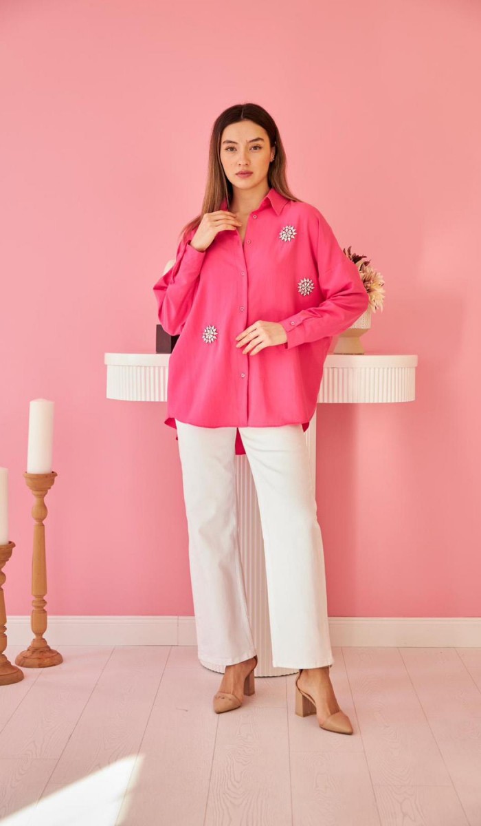 Taş İşlemeli Gömlek - Fuşya