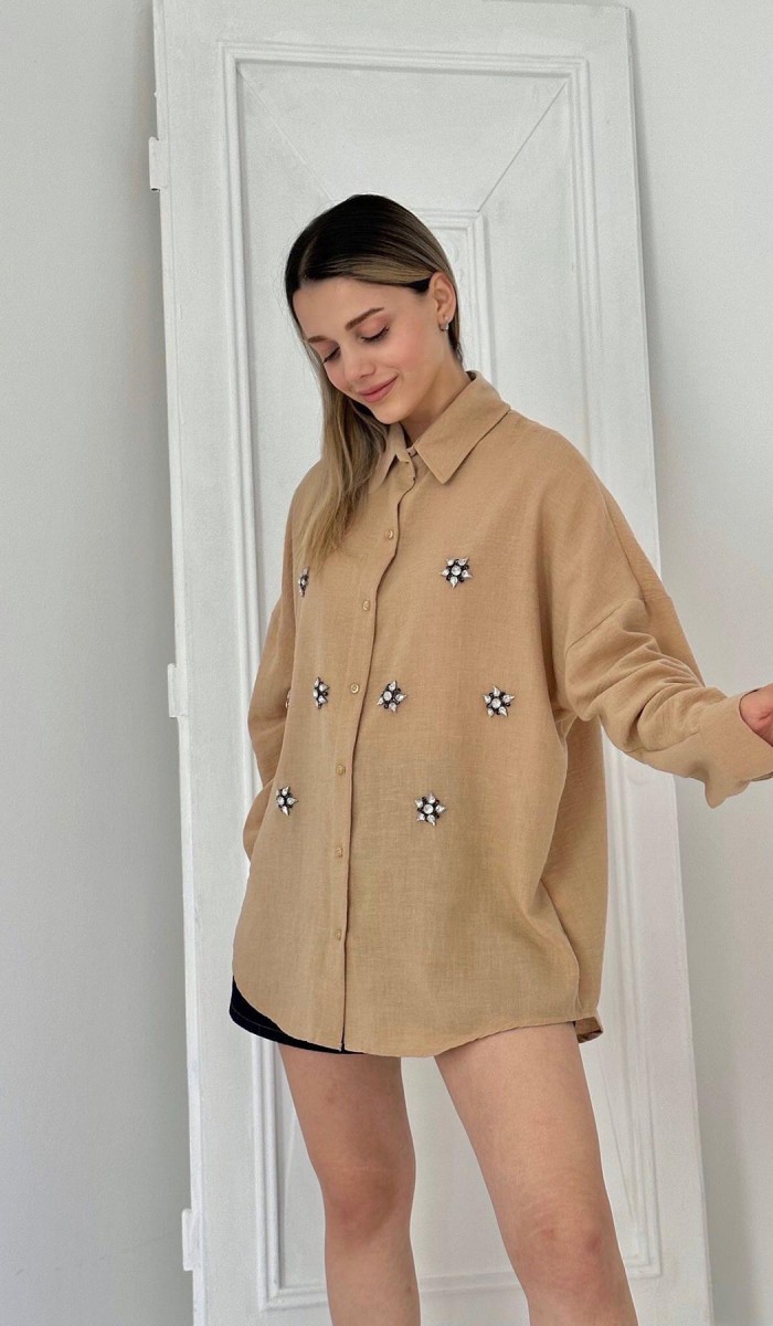 Taş İşlemeli Gömlek - Vizon