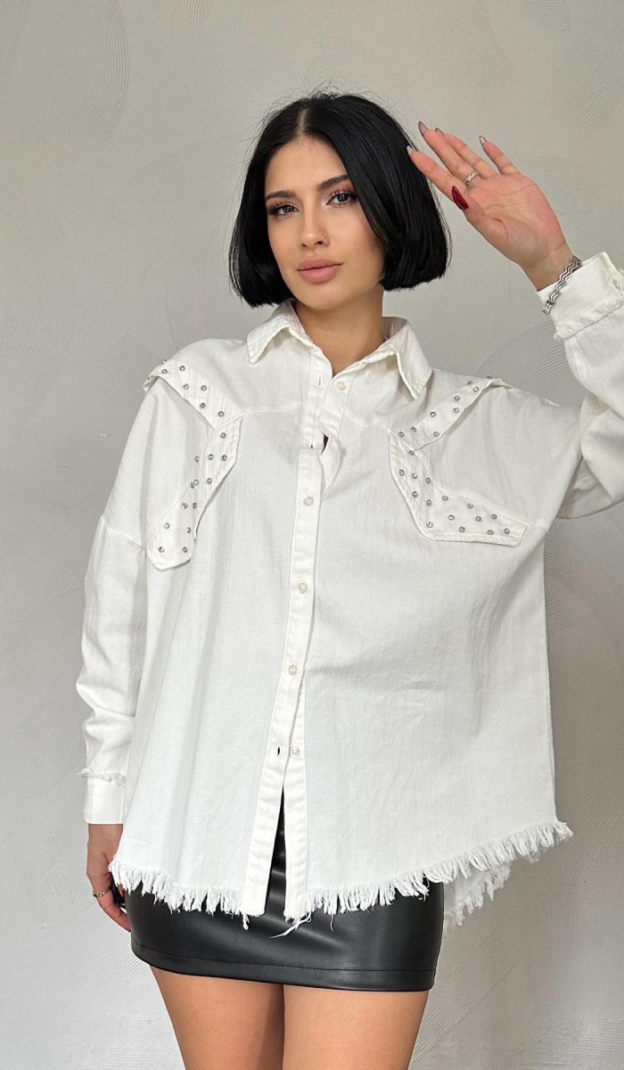 Taş İşlemeli Tasarım Gömlek - Ekru