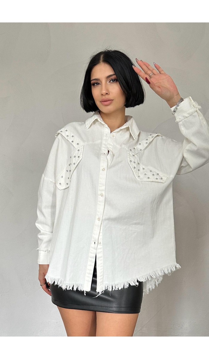 Taş İşlemeli Tasarım Gömlek - Ekru