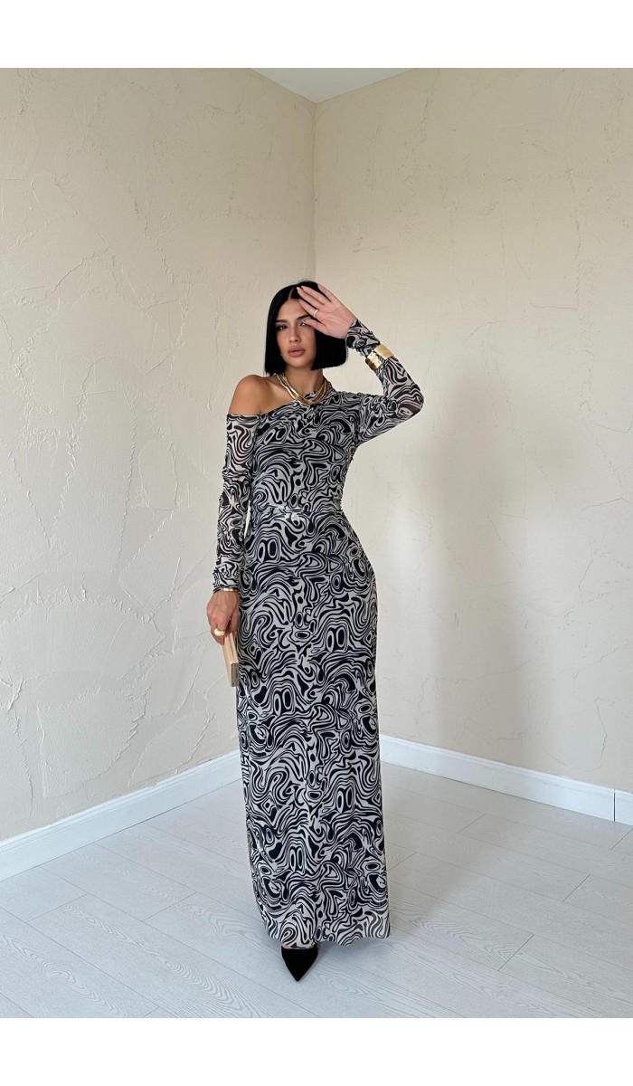 Tek Omuz Tül Elbise - Bej Tek Omuz Tül Elbise - Bej