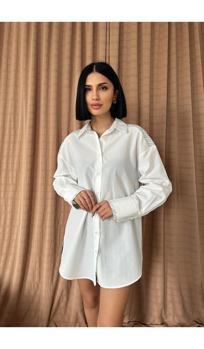 Trikoton Çizgili Garnili Gömlek - Beyaz