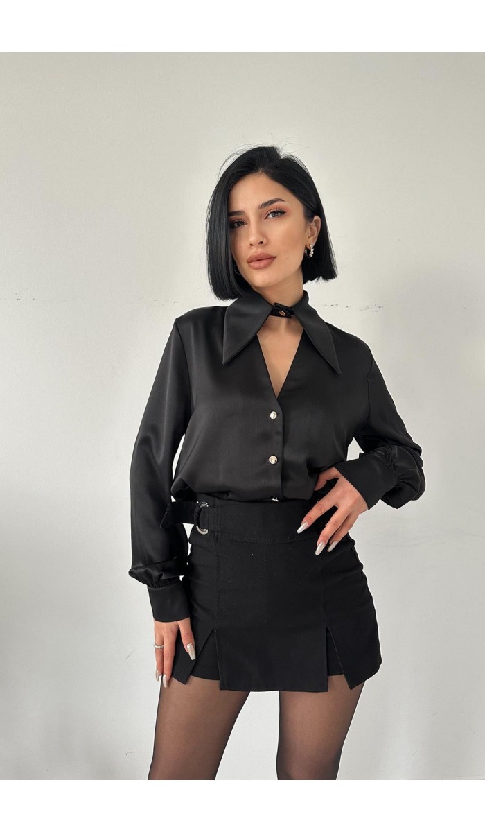 V Patlı Yakalı Saten Gömlek - Siyah