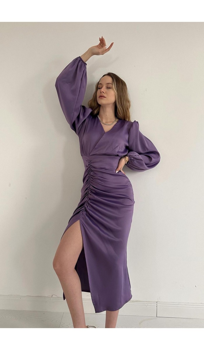 V Yaka Saten Elbise - Mor