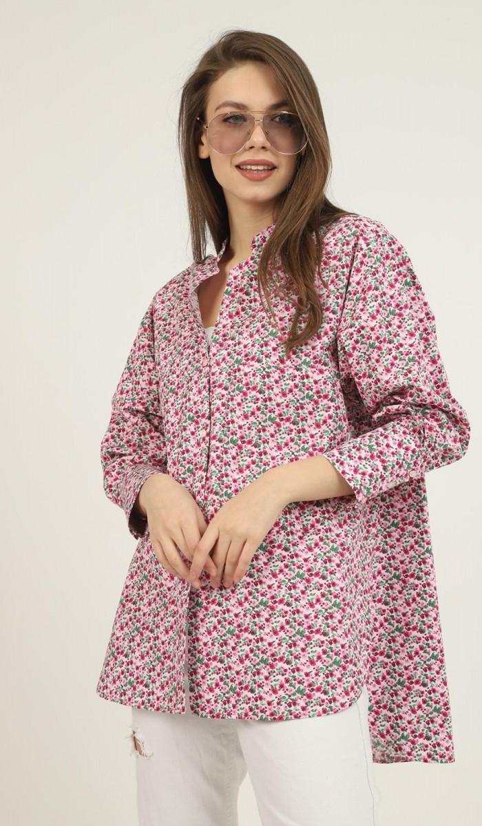 V Yakalı Ve Desenli Gömlek - Kırmızı