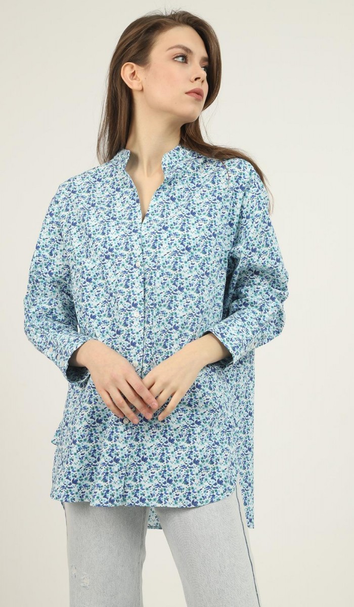 V Yakalı Ve Desenli Gömlek - Mavi