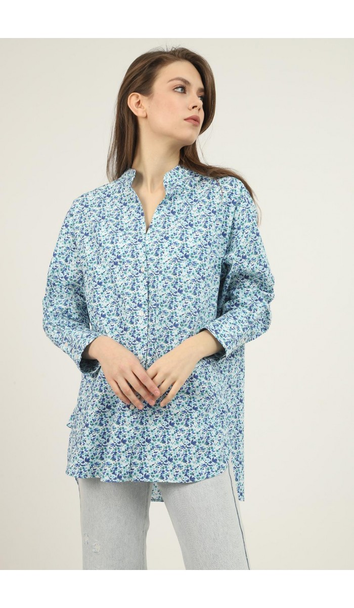 V Yakalı Ve Desenli Gömlek - Mavi