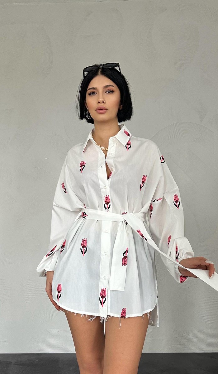 Vual Metraj Nakış Kuşaklı Gömlek - Fuşya