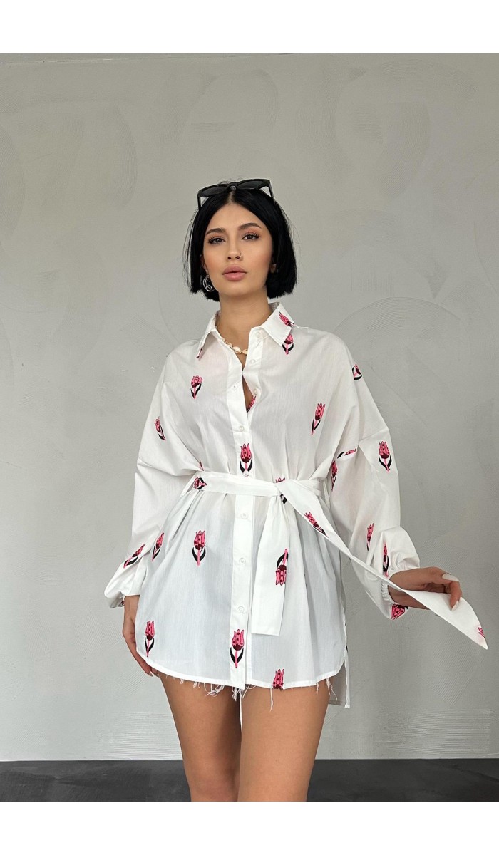 Vual Metraj Nakış Kuşaklı Gömlek - Fuşya