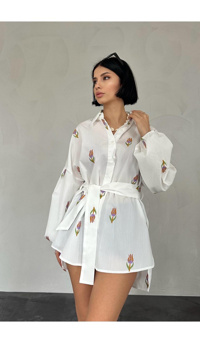 Vual Metraj Nakış Kuşaklı Gömlek - Hardal