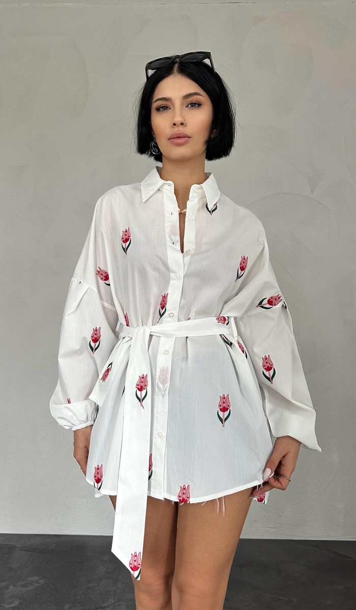 Vual Metraj Nakış Kuşaklı Gömlek - Kırmızı