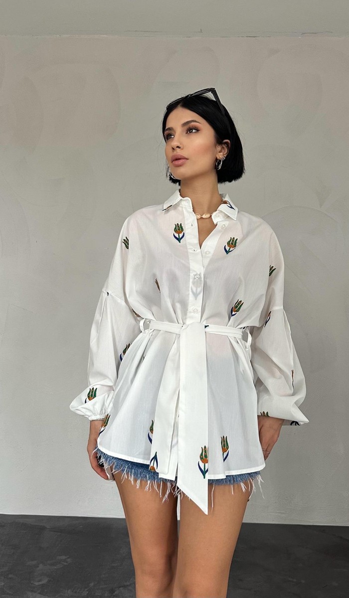 Vual Metraj Nakış Kuşaklı Gömlek - Yeşil Gömlek