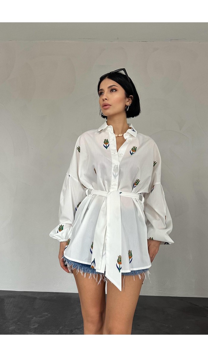 Vual Metraj Nakış Kuşaklı Gömlek - Yeşil Vual Metraj Nakış Kuşaklı Gömlek - Yeşil