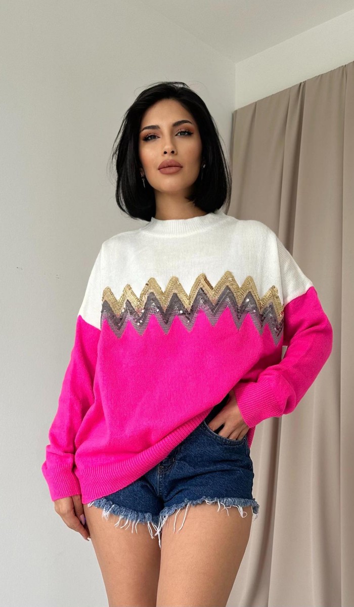 Zikzak Desenli Triko Kazak - Fuşya Zikzak Desenli Triko Kazak - Fuşya