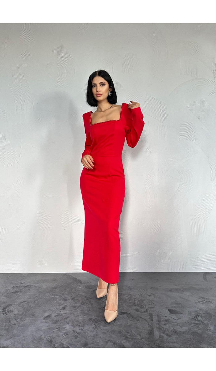 İnci Vatkalı Elbise - Kırmızı