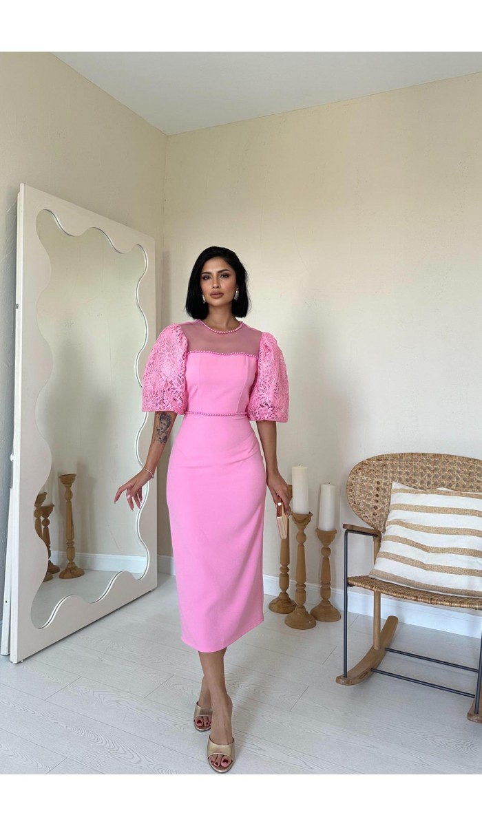 İncili Tül Detay Elbise - Pembe İncili Tül Detay Elbise - Pembe