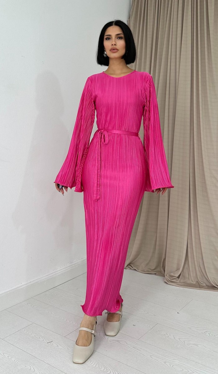 İspanyol Kol Piliseli Elbise - Fuşya